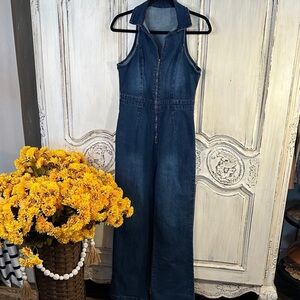 Retro Vintage Look Medium Wash Denim Waisted 70’s Jumpsuit Western Boho Hippie